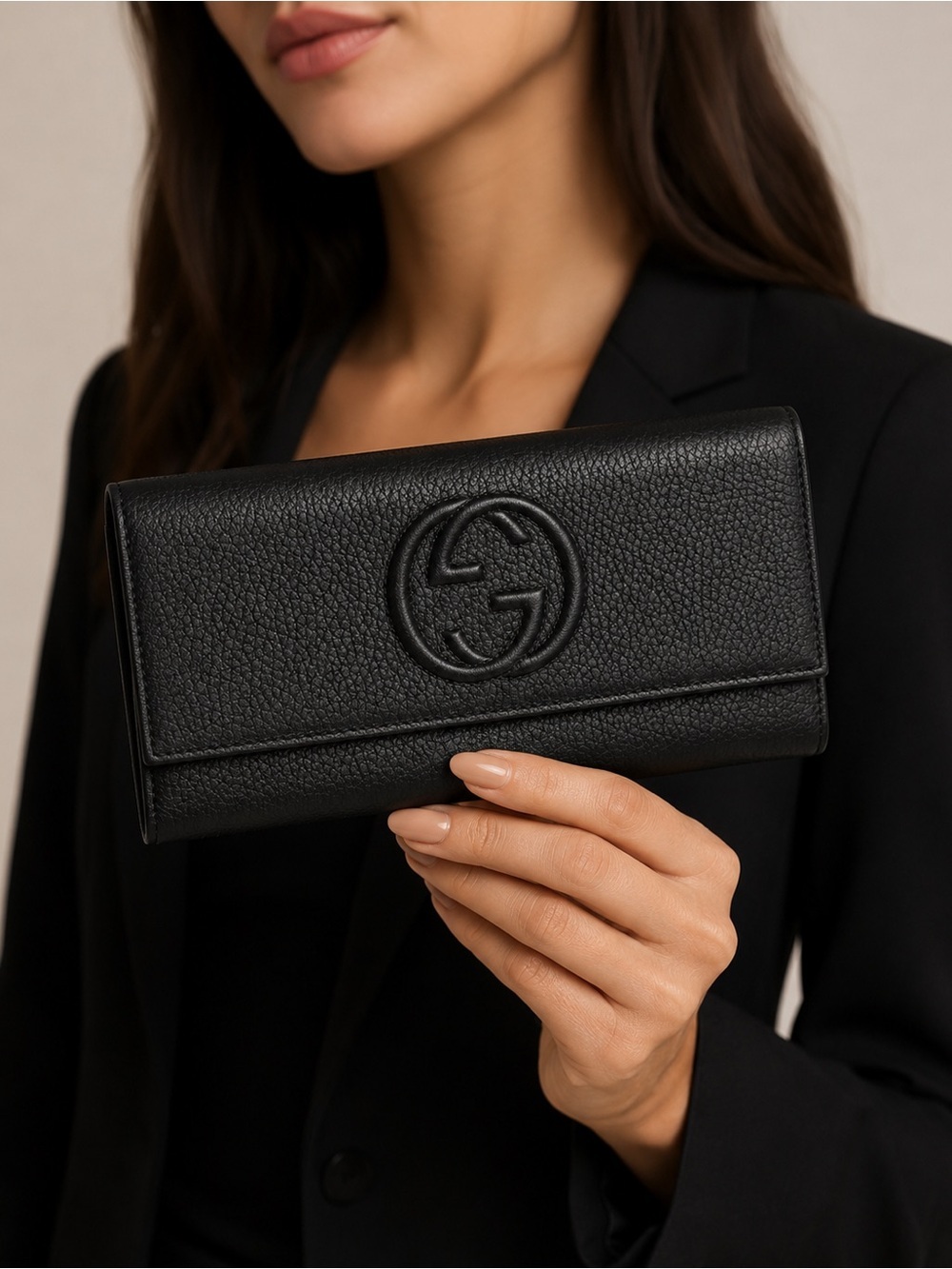 Gucci Soho Black Pebbled Leather Fold Wallet with Embossed Logo